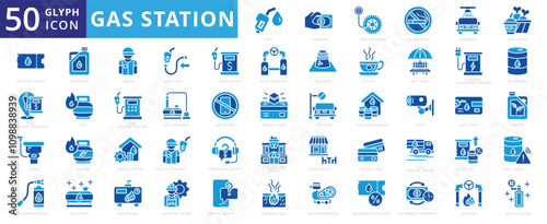 Gas station icon set with fuel, payment, tire pressure, no smoking, car wash, fast food, bio fuel, gasoline, fuel, gas, filling location, rest area, electric charging station, and toilet.