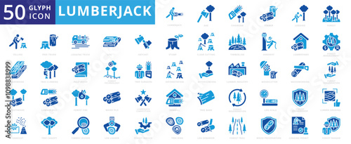 Lumberjack icon set with axe, chainsaw, timber, logging, forest, felling, hardwood, softwood, sawdust, wood, deforestation, log, sawdust, arborist, conservation, sawmill, timberline, and free trunk