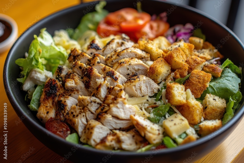 Fototapeta premium Nutritious salad with assorted lettuce chicken cheese and croutons served at a restaurant