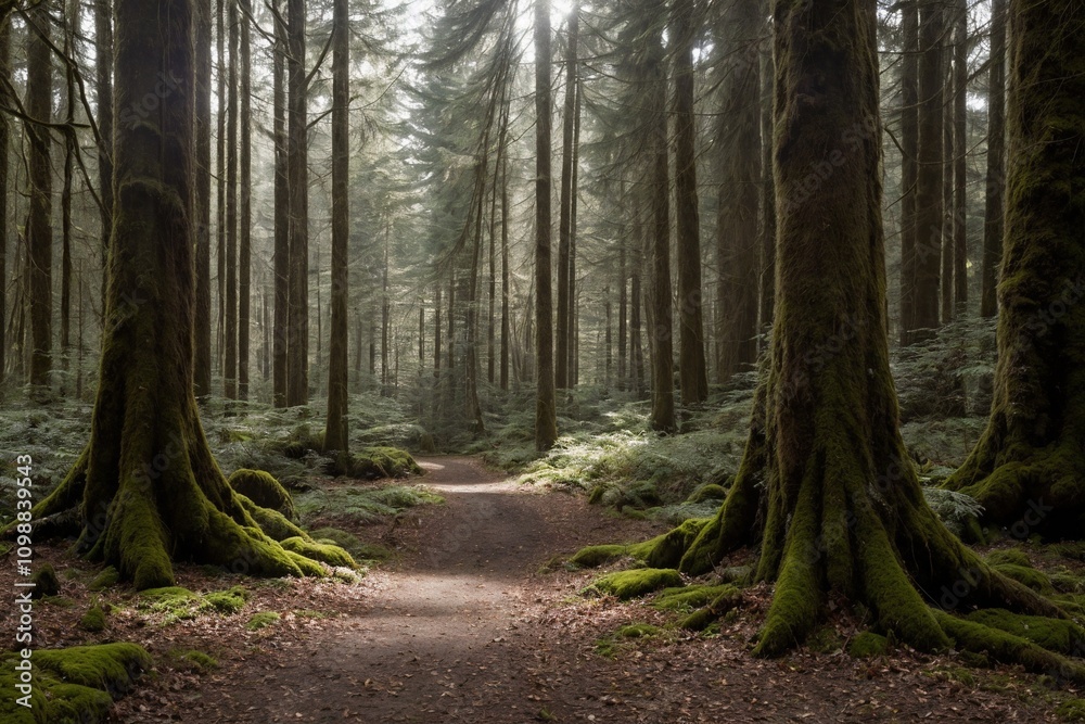 Fototapeta premium A peaceful forest scene with dense trees and a soft carpet of moss covering the ground. Small mushrooms are scattered throughout the forest floor, nestled among the fallen leaves and ferns.