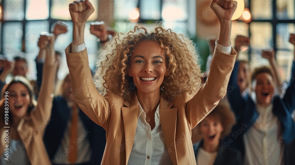Obraz premium A group of enthusiastic individuals cheer together with smiles and uplifted fists in a vibrant workspace, celebrating their achievements