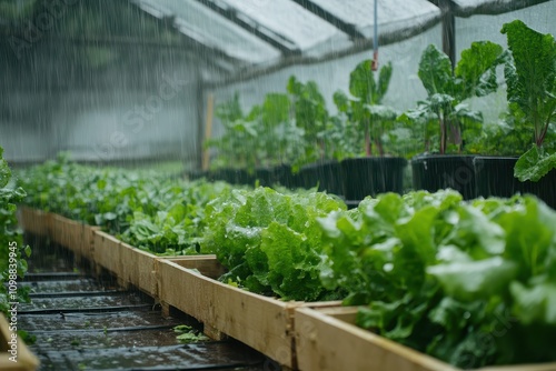 Organic salad cultivation uses wooden boxes for rainy day harvests Hydroponically grown vegetables thrive in greenhouses promoting ecological and healthy veget photo