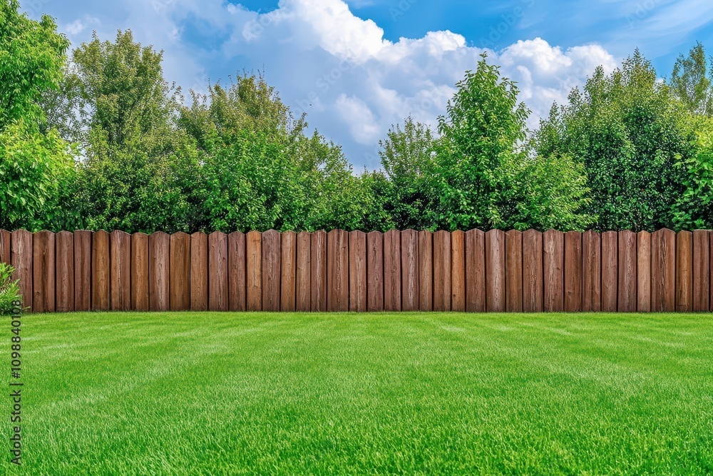 Fototapeta premium Outdoors with a wooden barrier trees and lush grass