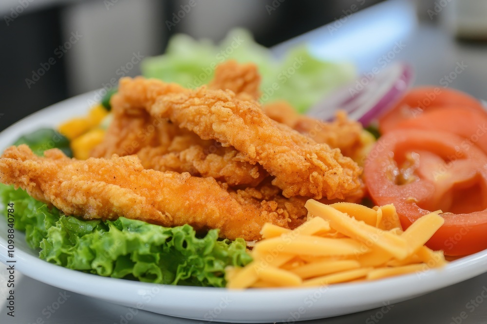 Fototapeta premium Plate featuring chicken strips alongside vegetables and cheese
