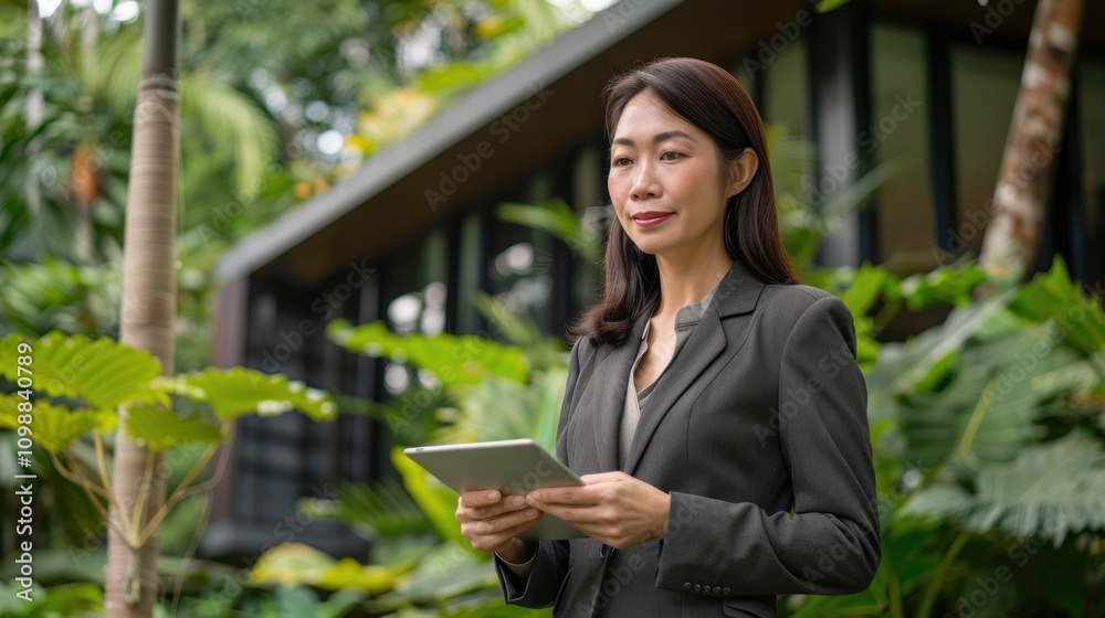 Fototapeta premium Professional woman interacts with a tablet device amidst tropical plants in a contemporary outdoor workspace