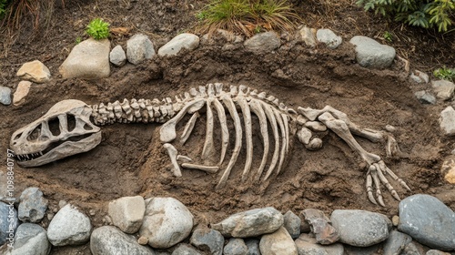 Under dirt and rocks, a dinosaur skeleton lies half buried in the ground. photo