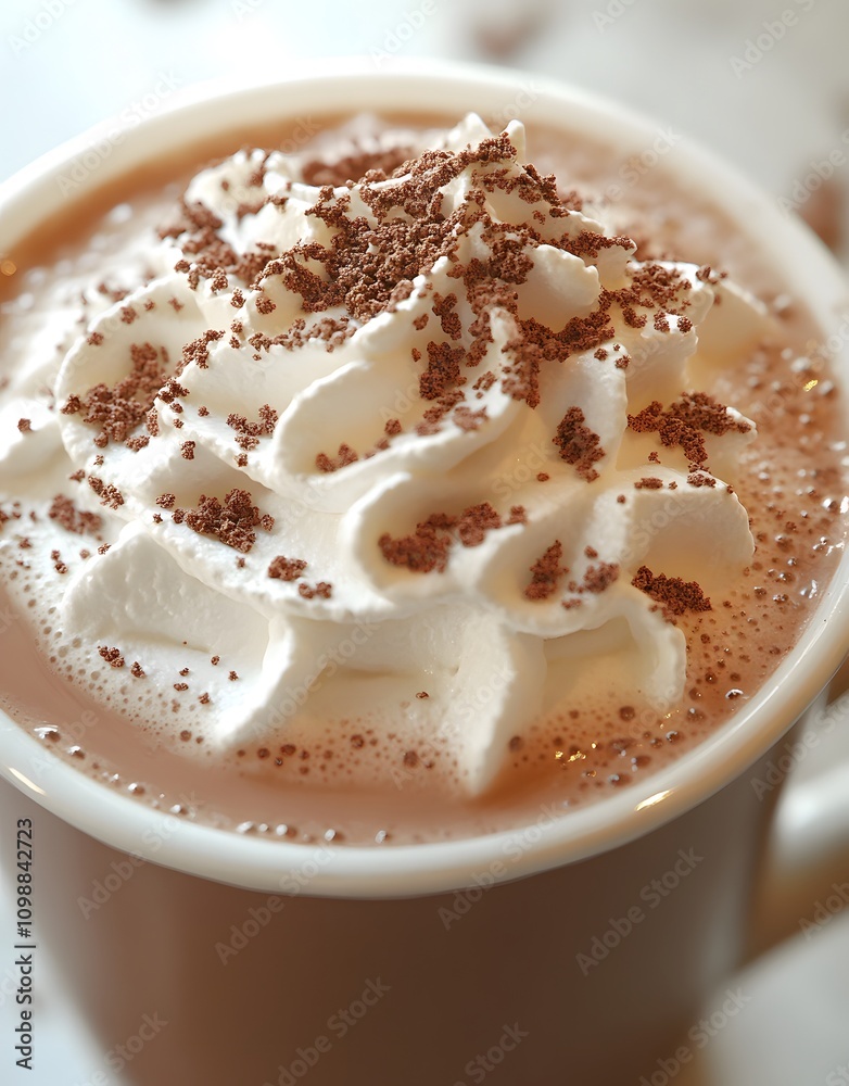Fototapeta premium A close-up of a creamy hot chocolate topped with whipped cream and chocolate shavings.