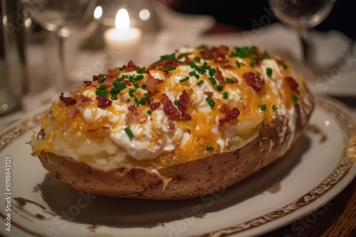 Stuffed potato with bacon cheese sour cream and chives photo