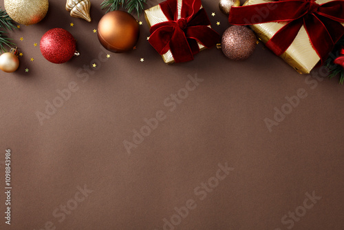 Christmas gifts and ornaments on a brown background with pine branches and festive decorations. Flat lay, top view, copy space