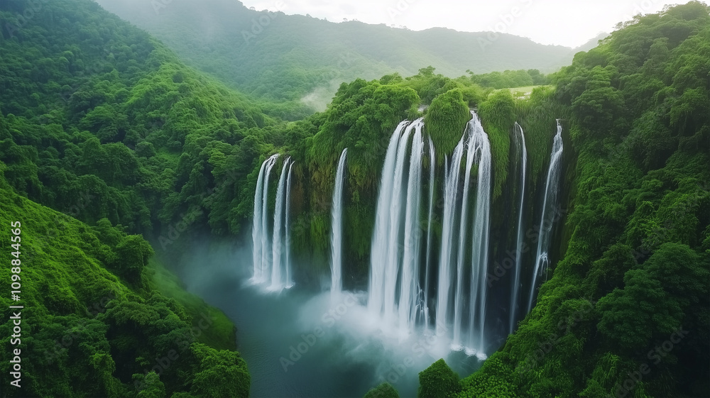 Fototapeta premium 熱帯の緑に囲まれた壮大な滝の風景