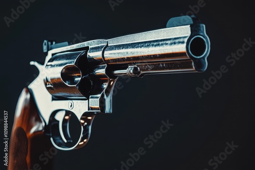 View of a handgun aimed at you against a black backdrop highlighting themes of crime and gun control photo