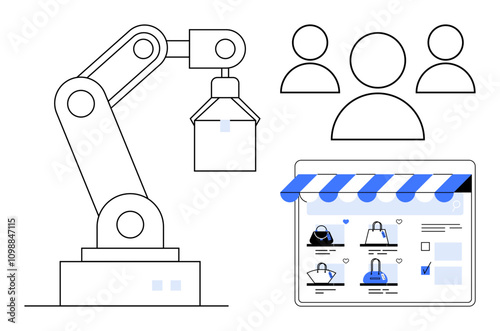 Robotic arm handling tasks, online storefront interface with various products, and three user icons representing potential customers. Ideal for e-commerce, automation, online shopping, user