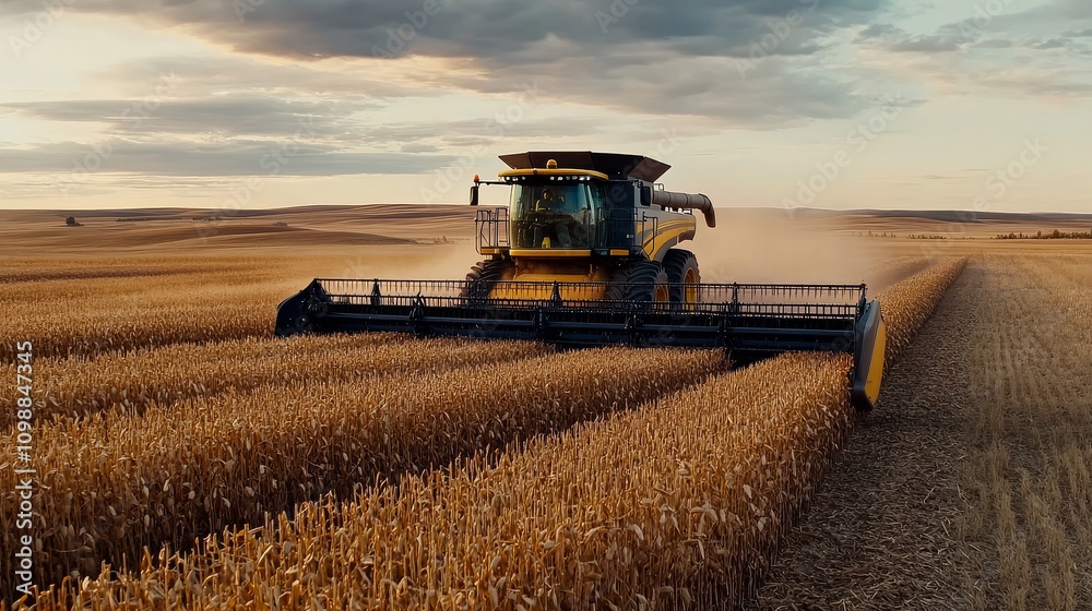 Fototapeta premium Combine Harvester Transferring Grain: Agricultural Scene