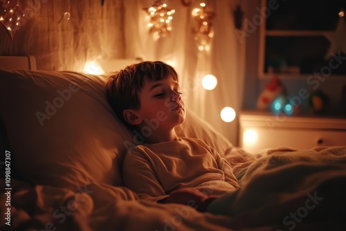 Young boy lies in bed with eyes shut idea of childhood fears at night photo