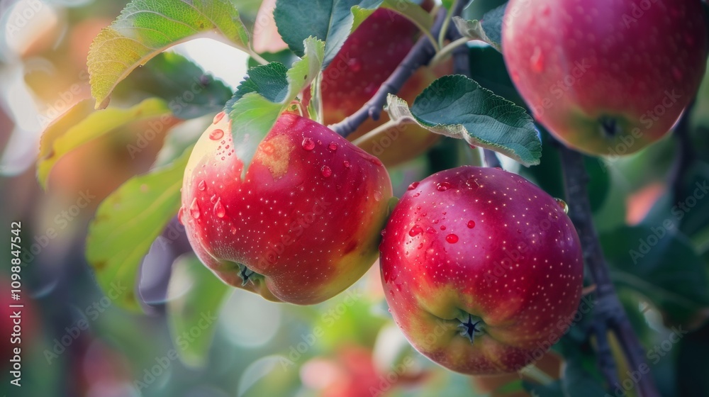 Obraz premium Fresh red apples with dewdrops on a branch