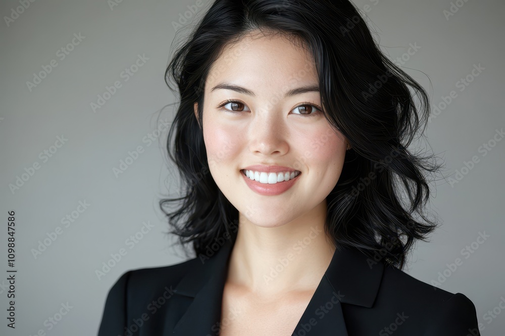 Fototapeta premium A radiant young Asian woman with black hair and brown eyes smiles at the camera against a white studio backdrop