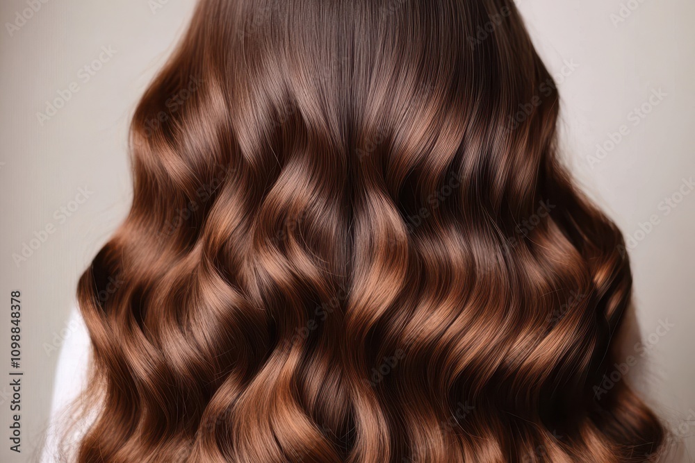 Fototapeta premium Close up of women s long wavy shiny brown hair as a backdrop Hair coloring and styling techniques including extensions