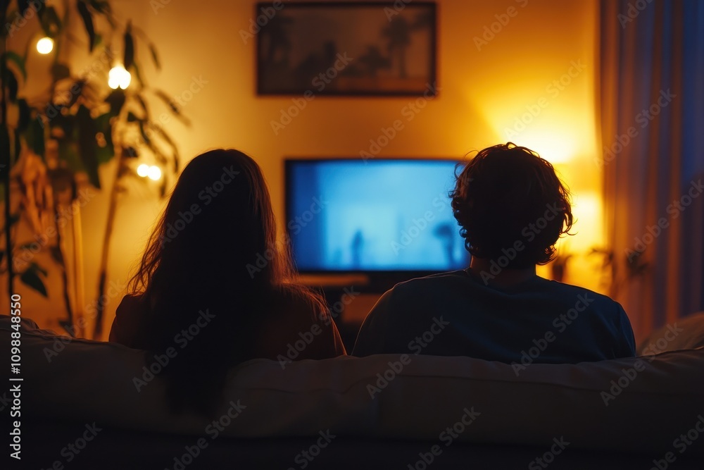 Fototapeta premium Couple seated on a sofa at home in the evening watching TV from behind with space for text