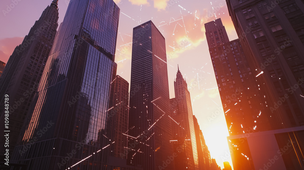 Obraz premium Smart digital Innovation city with connection network reciprocity over the sunset cityscape. of future wireless digital city and social media networking systems that connects people with in city