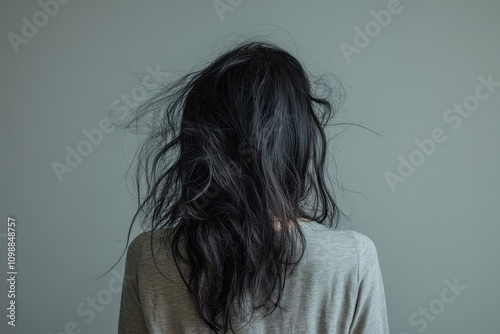 Frustrated young Asian woman with damaged messy and frizzy hair shown from the back