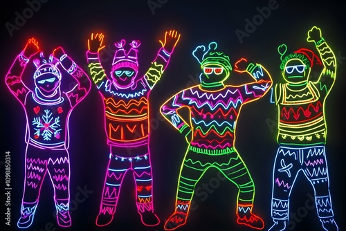 A striking visual representation of a group of people in garish christmas sweaters participating in a cheerful contest set against a black background. photo