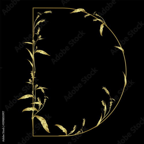 Capital letter D with floral  motifs. Botanical alphabet with herbs and wildflowers. Blooming branches of Polygonum plant. Knotweed or Smartweed flower. Golden glossy silhouette on black background.