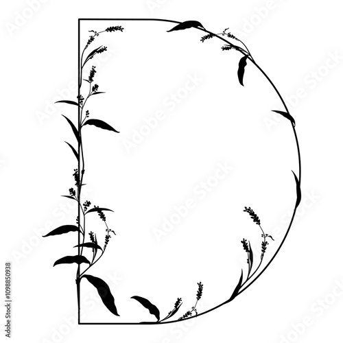 Capital letter D with floral  motifs. Botanical alphabet with herbs and wildflowers. Blooming branches of Polygonum plant. Knotweed or Smartweed flower. Black silhouette on white background.