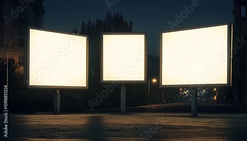  Blank white three billboards on an empty street at night design, mock-up design 
