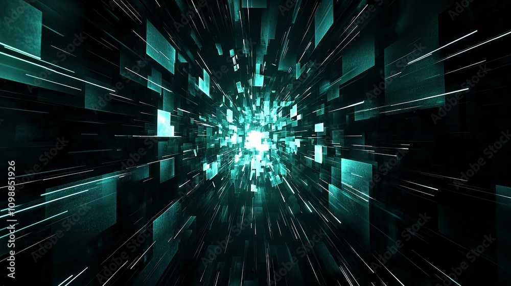 Obraz premium Futuristic Digital Space Design with Blue and Green Fractal Patterns and Motion Elements