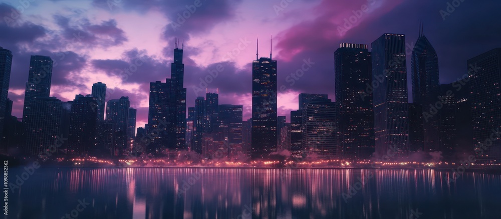 Fototapeta premium Chicago Skyline at Dusk: A Serene Reflection