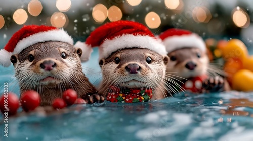 Playful otters wearing Santa hats and scarves sliding on ice surrounded by festive holiday and celebrating the winter season photo