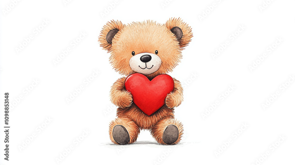 Obraz premium cute teddy bear holding bright red heart, exuding warmth and affection. This charming illustration captures essence of love and friendship, perfect for various occasions