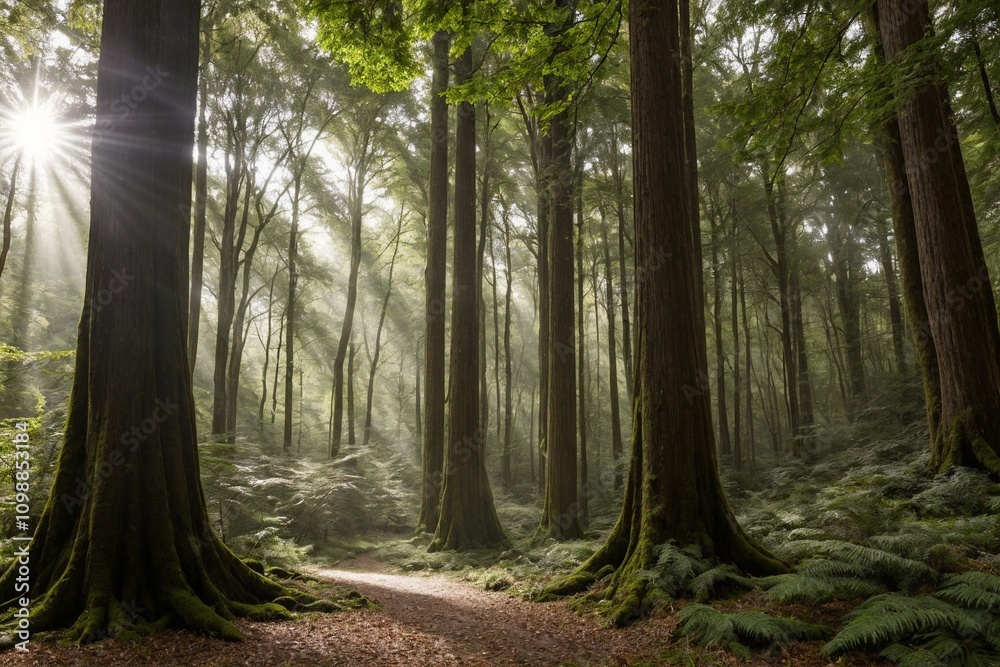 Obraz premium The trees stretch high into the sky, their thick trunks and branches creating a sense of grandeur. The air is fresh and crisp, and the peaceful atmosphere is undisturbed, with only the occasional rust