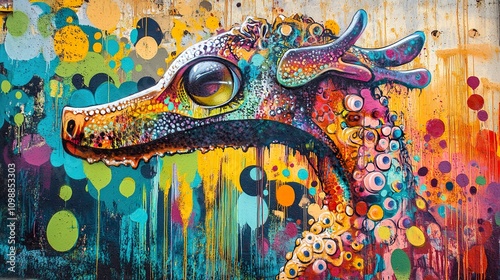 Vibrant colorful dragon graffiti art mural. photo