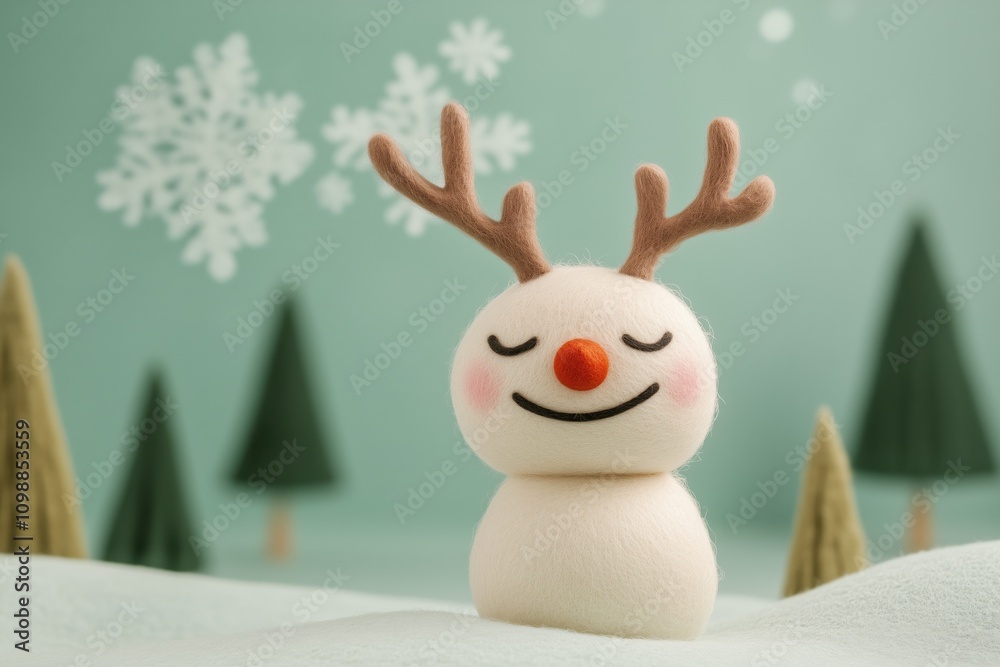 Fototapeta premium Paisagem de natal em miniatura com Papai Noel, renas e pinheiros cobertos de neve, estilo lúdico e colorido, criado por IA generativa.