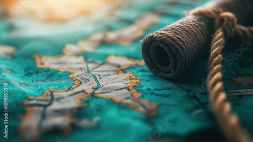 A detailed close-up of an ancient map, partially rolled, with intricate lines and a textured surface, evoking a sense of exploration and adventure. photo