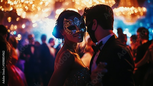 Elegant guests in formal attire and ornate masks dancing together at a New Year’s Eve masquerade ball under sparkling chandeliers  photo