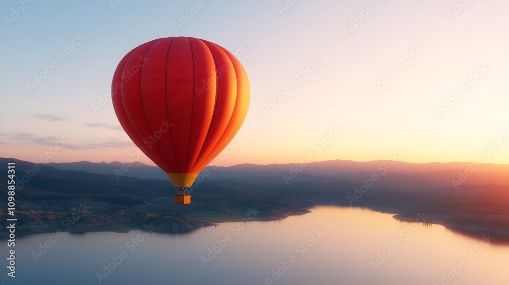 Fototapeta premium Breathtaking aerial view of a fleet of colorful hot air balloons soaring high above a serene lake surrounded by rolling hills at a picturesque sunrise Peaceful and adventurous landscape