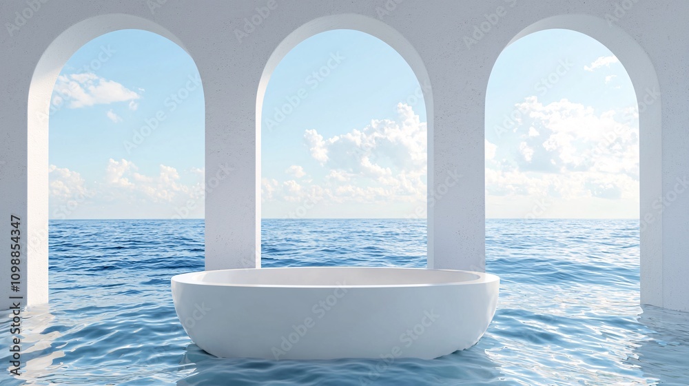 Fototapeta premium Serene Ocean View Bathroom Minimalist Tub Arched Windows Tranquil Sea