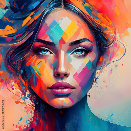 Abstract cubist representation: Portrait of a young pretty woman in bright, vibrant colors, version 2