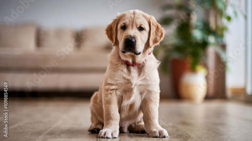 Golden Retriever Puppy Sitting On Hardwood Floor photo