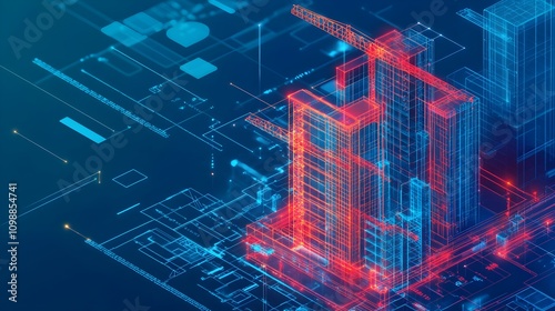 digital construction building information modeling bim concept with 3d model and blueprints vector illustration