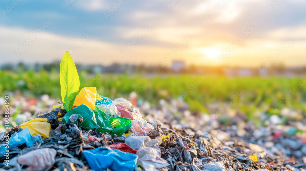 Fototapeta premium Exploring the potential of biodegradable materials in promoting environmental sustainability and regeneration during sunset