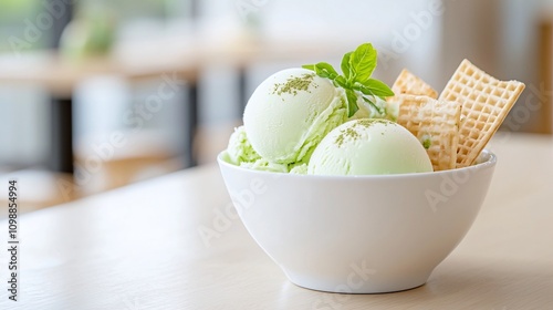 Delectable matcha ice cream topped with a drizzle of rich kuromitsu syrup accompanied by crispy senbei crackers all elegantly displayed on a polished wooden table photo