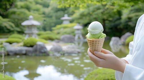 A kimono wearing individual gracefully holding a matcha ice cream cone set against the tranquil backdrop of a traditional Japanese garden featuring a koi pond and stone lanterns photo