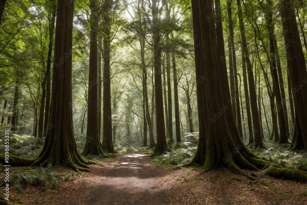 Obraz premium The trees stretch high into the sky, their thick trunks and branches creating a sense of grandeur. The air is fresh and crisp, and the peaceful atmosphere is undisturbed, with only the occasional rust