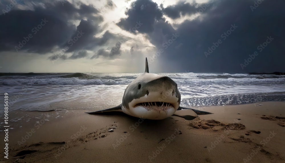 Obraz premium Great white shark underwater shark's mouth is open with small colors fish around 