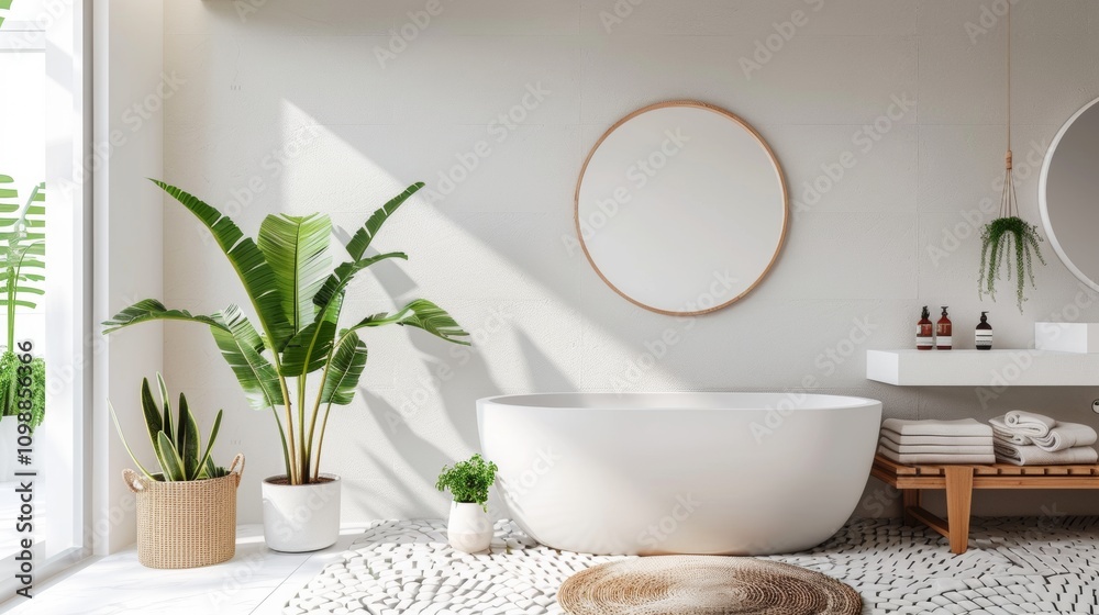 Fototapeta premium Modern bathroom with tropical plants and natural lighting
