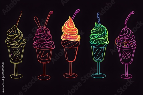 An ethereal digital artwork displaying neon ice cream silhouettes topped with hot fudge and sprinkles illuminated against a black background. photo