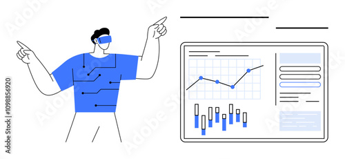 Man wearing virtual reality headset and analyzing data with interactive graphical interface. Ideal for technology, virtual reality, data analysis, business intelligence, education, innovation